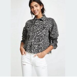 Mother The Cut Drifter Greyscale Leopard Cropped Denim Jacket